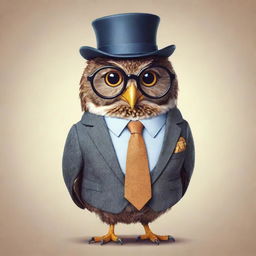 A cartoon owl charmingly dressed in a smart suit, a trendy tie, a chic hat, and bespectacled with glasses