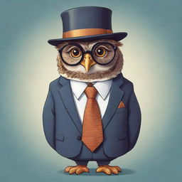 A cartoon owl charmingly dressed in a smart suit, a trendy tie, a chic hat, and bespectacled with glasses