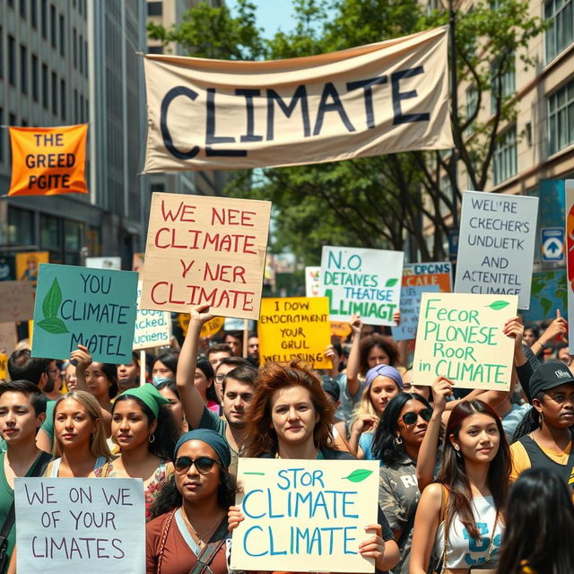 A vibrant and realistic depiction of a climate protest, showcasing a diverse group of passionate activists gathered in a bustling urban area