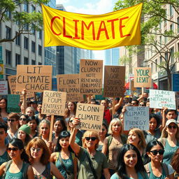 A vibrant and realistic depiction of a climate protest, showcasing a diverse group of passionate activists gathered in a bustling urban area