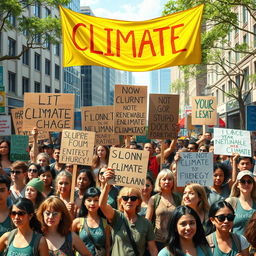 A vibrant and realistic depiction of a climate protest, showcasing a diverse group of passionate activists gathered in a bustling urban area