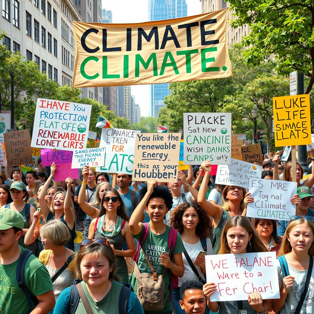 A vibrant and realistic depiction of a climate protest, showcasing a diverse group of passionate activists gathered in a bustling urban area