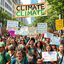 A vibrant and realistic depiction of a climate protest, showcasing a diverse group of passionate activists gathered in a bustling urban area