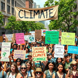 A vibrant and realistic depiction of a climate protest, showcasing a diverse group of passionate activists gathered in a bustling urban area