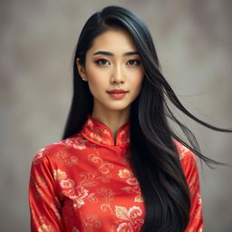 A portrait of a beautiful Asian woman with long, flowing black hair, wearing an elegant, traditional silk dress adorned with intricate floral patterns