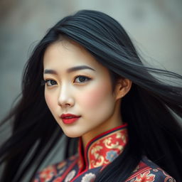 A portrait of a beautiful Asian woman with long, flowing black hair, wearing an elegant, traditional silk dress adorned with intricate floral patterns