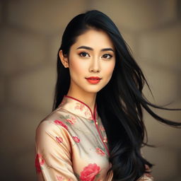 A portrait of a beautiful Asian woman with long, flowing black hair, wearing an elegant, traditional silk dress adorned with intricate floral patterns