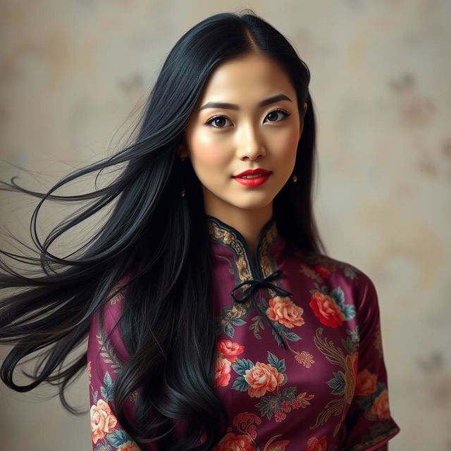 A portrait of a beautiful Asian woman with long, flowing black hair, wearing an elegant, traditional silk dress adorned with intricate floral patterns