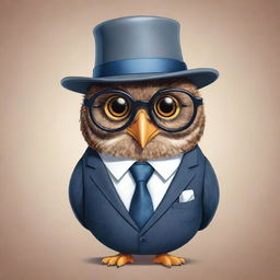 A cartoon owl charmingly dressed in a smart suit, a trendy tie, a chic hat, and bespectacled with glasses