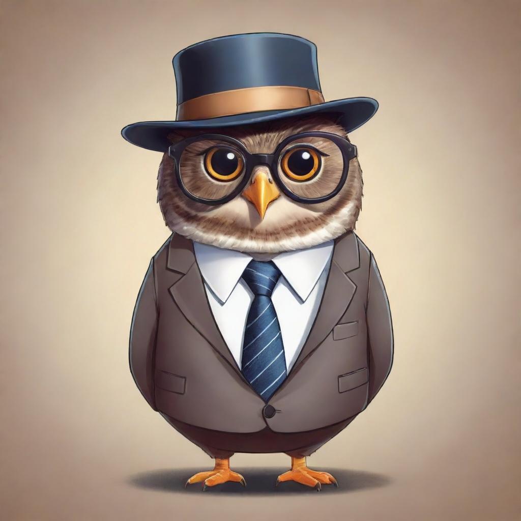 A cartoon owl charmingly dressed in a smart suit, a trendy tie, a chic hat, and bespectacled with glasses