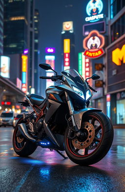 A sleek, futuristic motorcycle parked on a city street at night, illuminated by neon lights