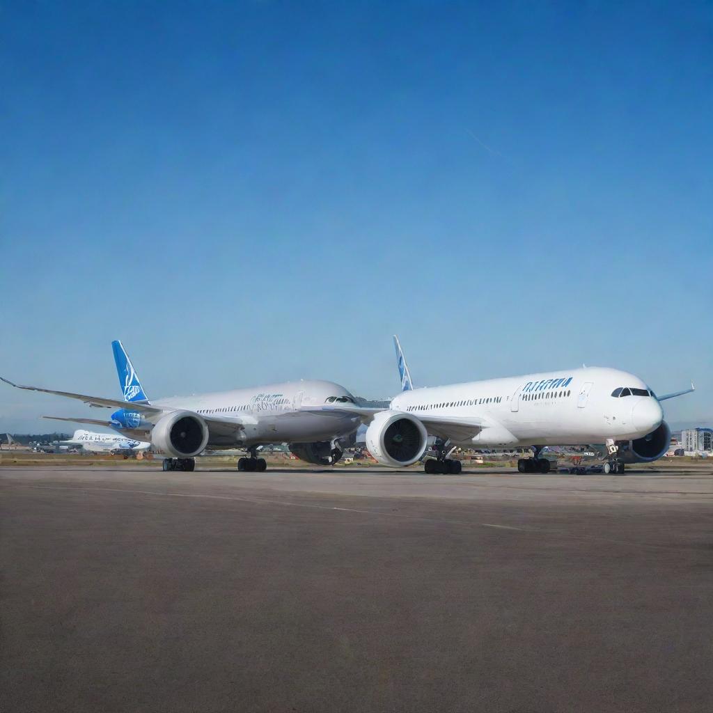 A Boeing 787 and an Airbus A350 parked side by side on a well-lit tarmac against a clear blue sky.