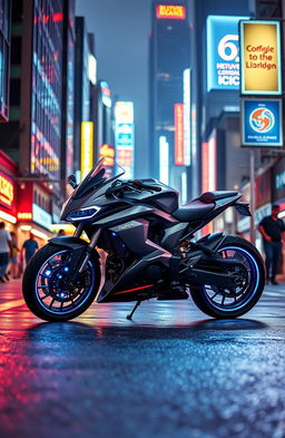 A sleek, futuristic motorcycle parked on a city street at night, illuminated by neon lights