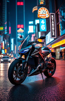 A sleek, futuristic motorcycle parked on a city street at night, illuminated by neon lights