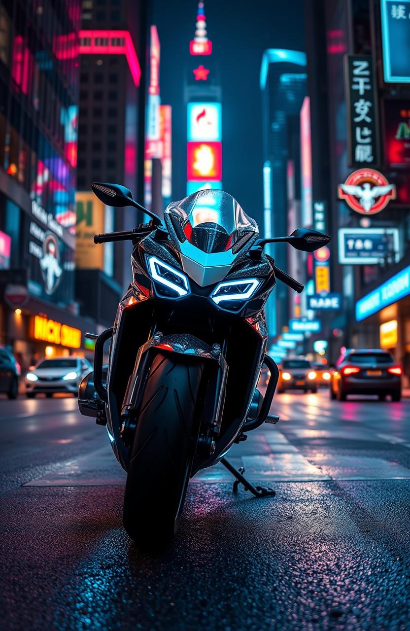 A sleek, futuristic motorcycle parked on a city street at night, illuminated by neon lights