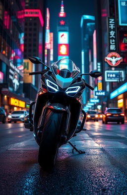 A sleek, futuristic motorcycle parked on a city street at night, illuminated by neon lights