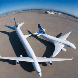 A Boeing 787 and an Airbus A350 parked side by side on a well-lit tarmac against a clear blue sky.