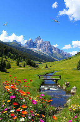 A serene landscape depicting a lush green valley filled with blooming wildflowers in various vibrant colors, a clear blue sky overhead, fluffy white clouds dotting the horizon