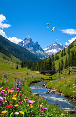 A serene landscape depicting a lush green valley filled with blooming wildflowers in various vibrant colors, a clear blue sky overhead, fluffy white clouds dotting the horizon