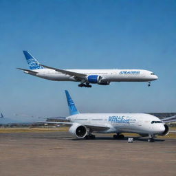 A Boeing 787 and an Airbus A350 parked side by side on a well-lit tarmac against a clear blue sky.