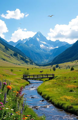 A serene landscape depicting a lush green valley filled with blooming wildflowers in various vibrant colors, a clear blue sky overhead, fluffy white clouds dotting the horizon