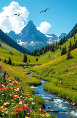 A serene landscape depicting a lush green valley filled with blooming wildflowers in various vibrant colors, a clear blue sky overhead, fluffy white clouds dotting the horizon