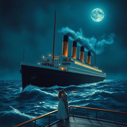 A dramatic and romantic scene aboard the Titanic, showcasing the iconic ship majestically gliding across the deep blue ocean under a starlit sky