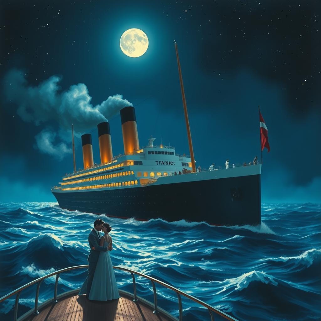 A dramatic and romantic scene aboard the Titanic, showcasing the iconic ship majestically gliding across the deep blue ocean under a starlit sky