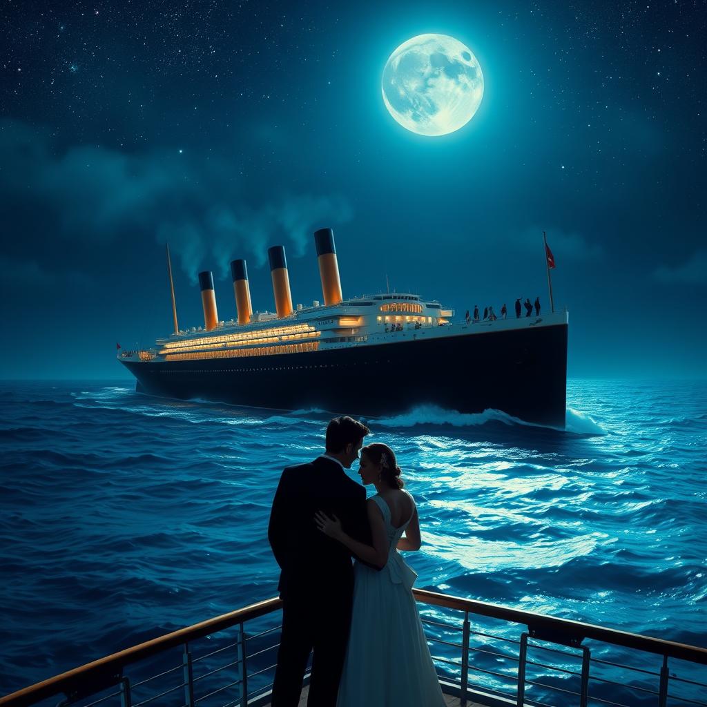 A dramatic and romantic scene aboard the Titanic, showcasing the iconic ship majestically gliding across the deep blue ocean under a starlit sky