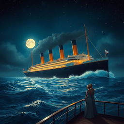 A dramatic and romantic scene aboard the Titanic, showcasing the iconic ship majestically gliding across the deep blue ocean under a starlit sky