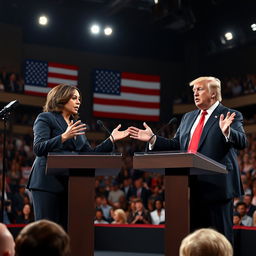 A realistic and dynamic depiction of a political debate between Kamala Harris and Donald Trump, set on a grand stage with an American flag backdrop and audience filled with diverse spectators