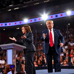 A realistic and dynamic depiction of a political debate between Kamala Harris and Donald Trump, set on a grand stage with an American flag backdrop and audience filled with diverse spectators