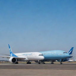 A Boeing 787 and an Airbus A350 parked side by side on a well-lit tarmac against a clear blue sky.