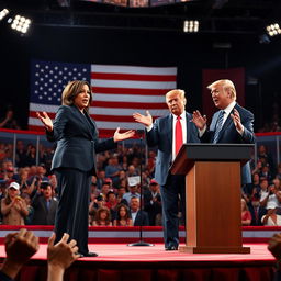 A realistic and dynamic depiction of a political debate between Kamala Harris and Donald Trump, set on a grand stage with an American flag backdrop and audience filled with diverse spectators