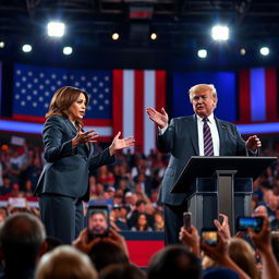 A realistic and dynamic depiction of a political debate between Kamala Harris and Donald Trump, set on a grand stage with an American flag backdrop and audience filled with diverse spectators