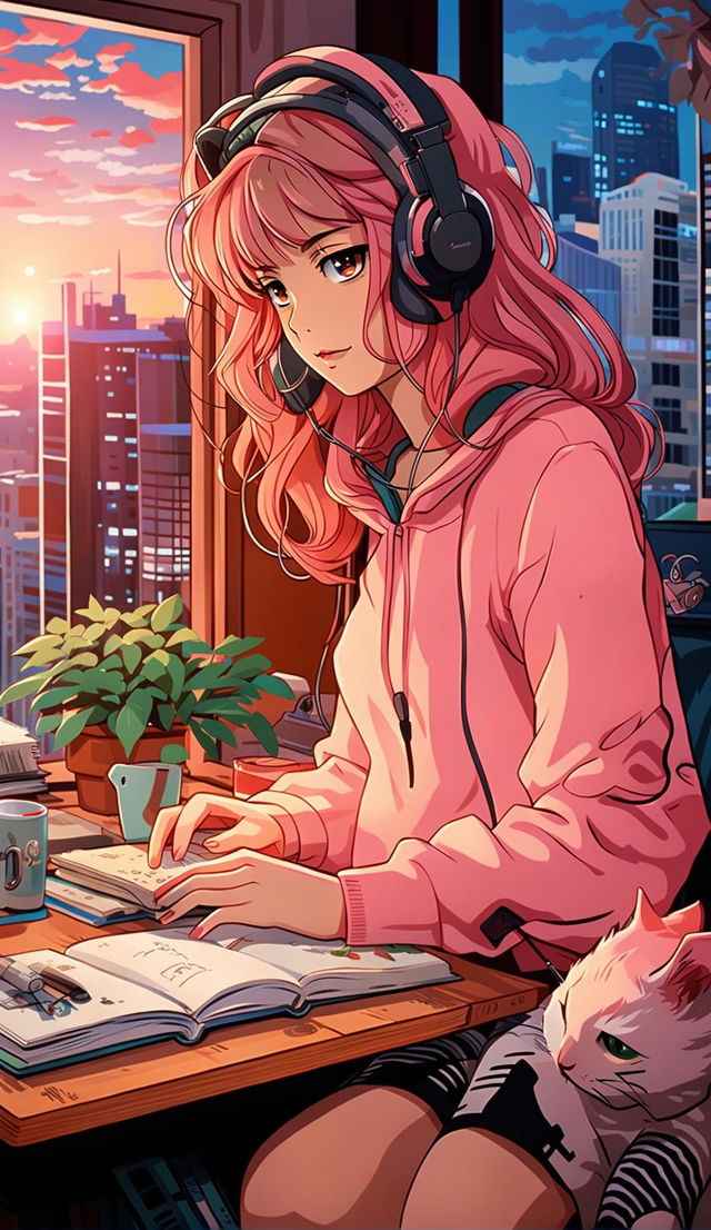 Anime art of a young woman with headphones studying at her desk in a cozy room during twilight. She's surrounded by books, a laptop, and a cup of coffee. A cat sleeps on the windowsill against a cityscape backdrop.