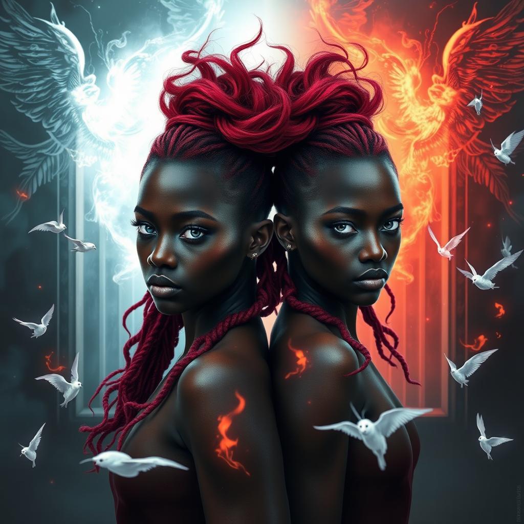 Male and female African American twins with striking burgundy fire hair and captivating silver eyes stand confidently in front of transparent gateways to Heaven and Hell