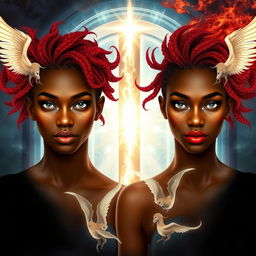 Male and female African American twins with striking burgundy fire hair and captivating silver eyes stand confidently in front of transparent gateways to Heaven and Hell