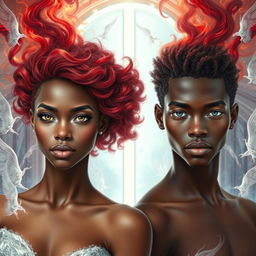 Male and female African American twins with striking burgundy fire hair and captivating silver eyes stand confidently in front of transparent gateways to Heaven and Hell