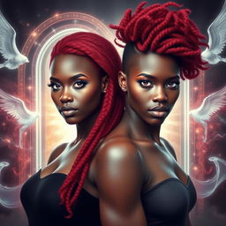 Male and female African American twins with striking burgundy fire hair and captivating silver eyes stand confidently in front of transparent gateways to Heaven and Hell