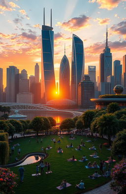 A detailed depiction of a futuristic city skyline at sunset, showcasing a mix of sleek skyscrapers and lush rooftop gardens