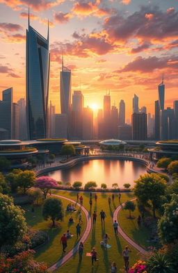 A detailed depiction of a futuristic city skyline at sunset, showcasing a mix of sleek skyscrapers and lush rooftop gardens