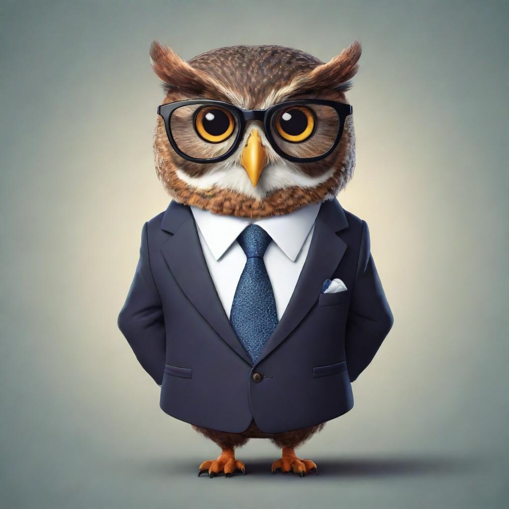 A sophisticated cartoon owl styled in an elegant suit, a classy tie, and smart glasses