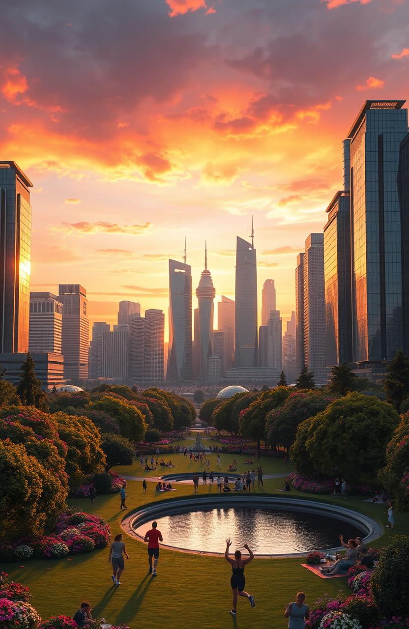 A detailed depiction of a futuristic city skyline at sunset, showcasing a mix of sleek skyscrapers and lush rooftop gardens