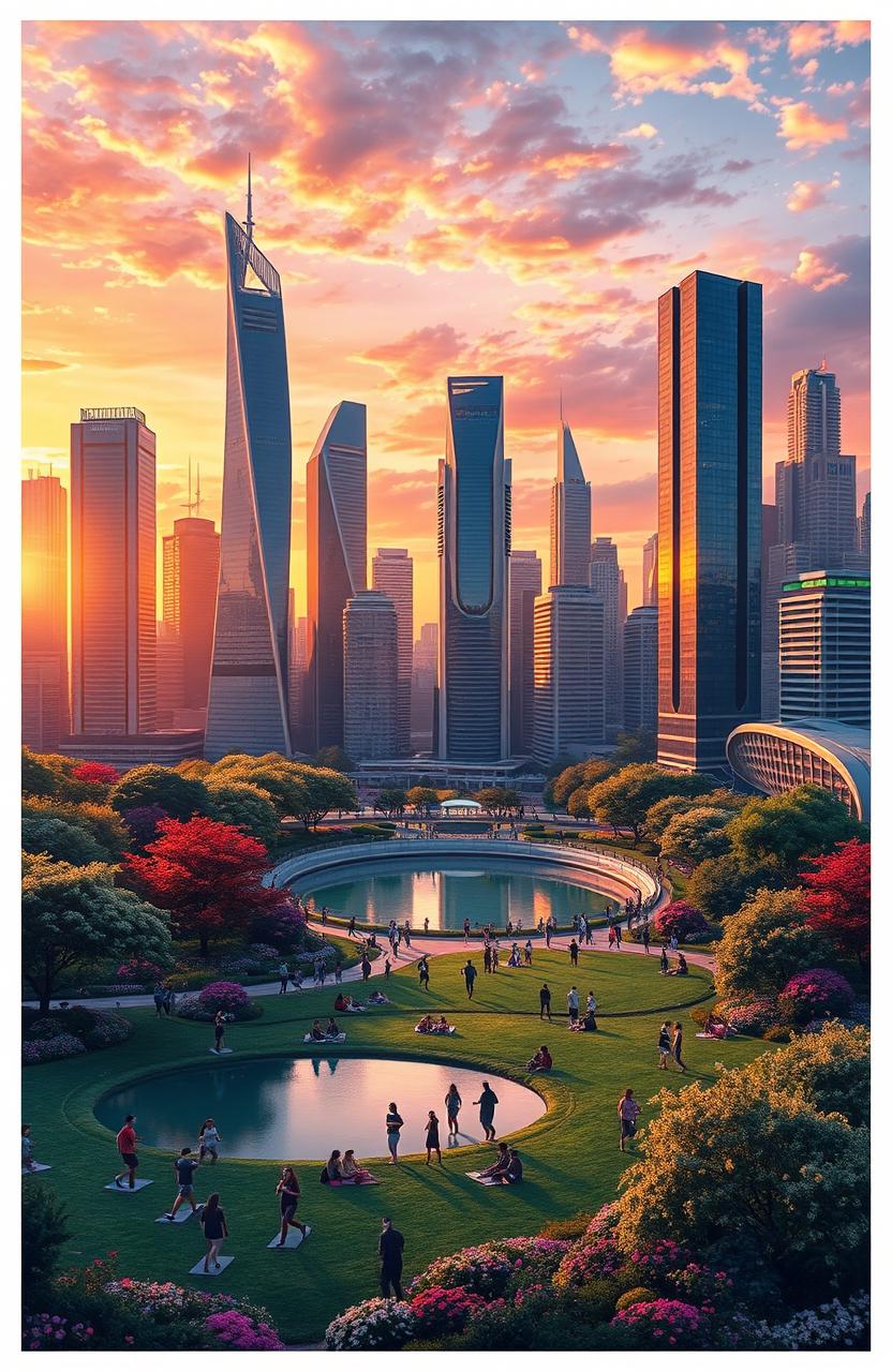 A detailed depiction of a futuristic city skyline at sunset, showcasing a mix of sleek skyscrapers and lush rooftop gardens