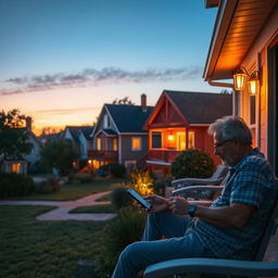 A picturesque neighborhood scene during sunset, showing quaint houses with warm illumination