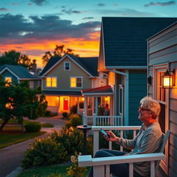 A picturesque neighborhood scene during sunset, showing quaint houses with warm illumination