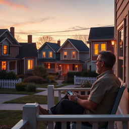 A picturesque neighborhood scene during sunset, showing quaint houses with warm illumination