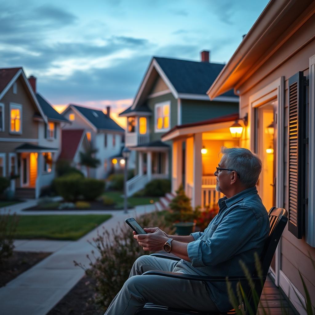 A picturesque neighborhood scene during sunset, showing quaint houses with warm illumination