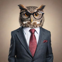 A sophisticated cartoon owl styled in an elegant suit, a classy tie, and smart glasses